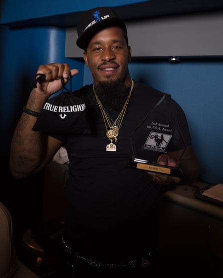 Baltimore’s Lil Steve holds up his award for best swerve and his True Religion gift bag. The awards show had a number of sponsors