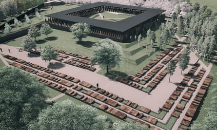 Artist rendering of The Memorial to Peace and Justice, which will contain two sets of columns inscribed with the names of more than 4,000 lynching victims. In total there will be more than 800 columns, one for each US county with a known lynching.