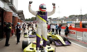 Celebrating victory in the W Series race at Brands Hatch last season.