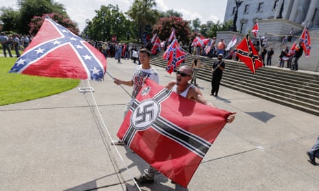 Loyal White Knights and other white supremacists rally outside the South Carolina Capitol in Columbia, South Carolina in July 2015.
