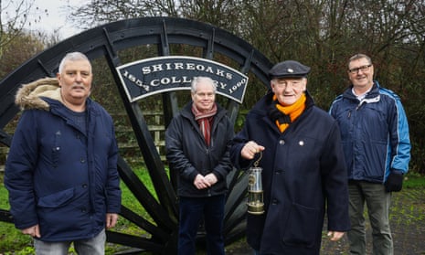 Ex-coal miners from the Shireoaks Colliery near Worksop in Nottinghamshire. From left: Adrian Gilfoyle, Phil Whitehead, George Bell (holding his original miner’s lamp) and Dave Potts. 