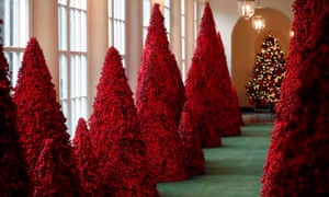 Trees made from red berries line the East Colonnade during the 2018 Christmas Press Preview at the White House in Washington, US, November 26, 2018.