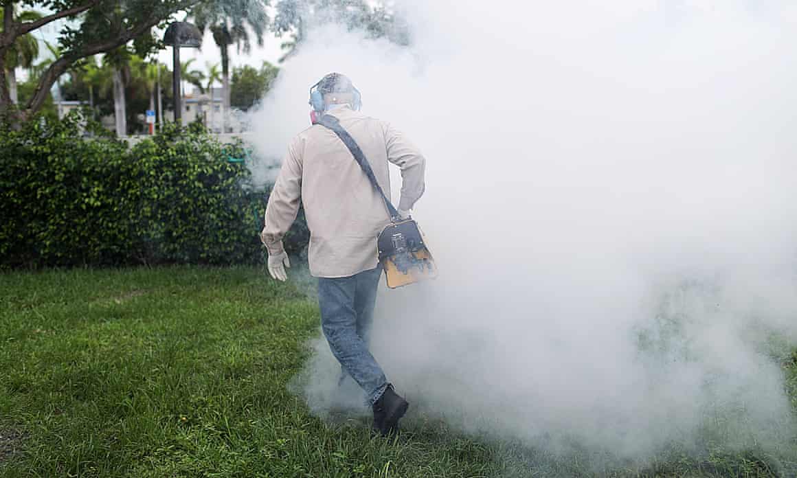 A cloud of pesticide surrounds a person who is using a machine to spray it on a lawn