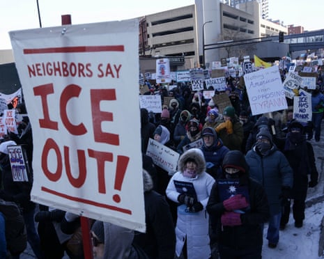 People take part in a rally on the day of a general strike to protest the Trump’s administration’s deployment of immigration enforcement officers to the streets of Minneapolis, 23 January 2026.