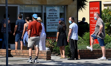 People queue for PCR test at a doctors’ surgery in Sydney