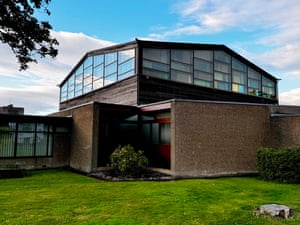 A brick and glass modernist church