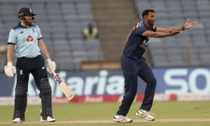 Prasidh Krishna, appeals after bowling a delivery as Jonny Bairstow looks on.