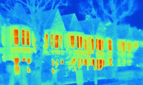 Thermal image of houses on city street.