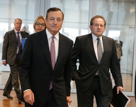 Mario Draghi and vice-president Vitor Constancio arriving at today’s press conference.
