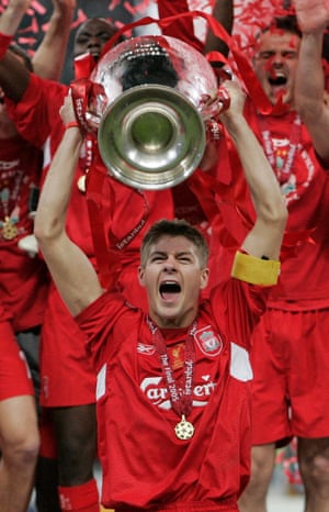Steven Gerrard lifts the Champions League trophy after beating Milan in Istanbul, in May 2005.