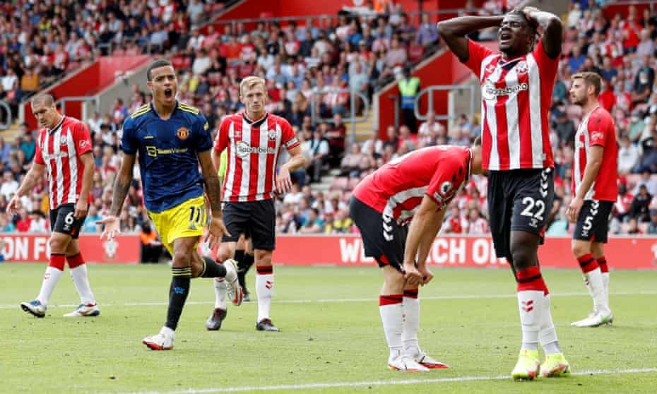 Mason Greenwood celebrates scoring Manchester United’s equaliser to the dismay of Mohammed Salisu and his Southampton teammates