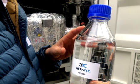 A bottle of e-fuel at the Atmosfair synthetic fuel plant in Werlte, Germany, which German officials say will be the world’s first commercial plant for making synthetic kerosene.