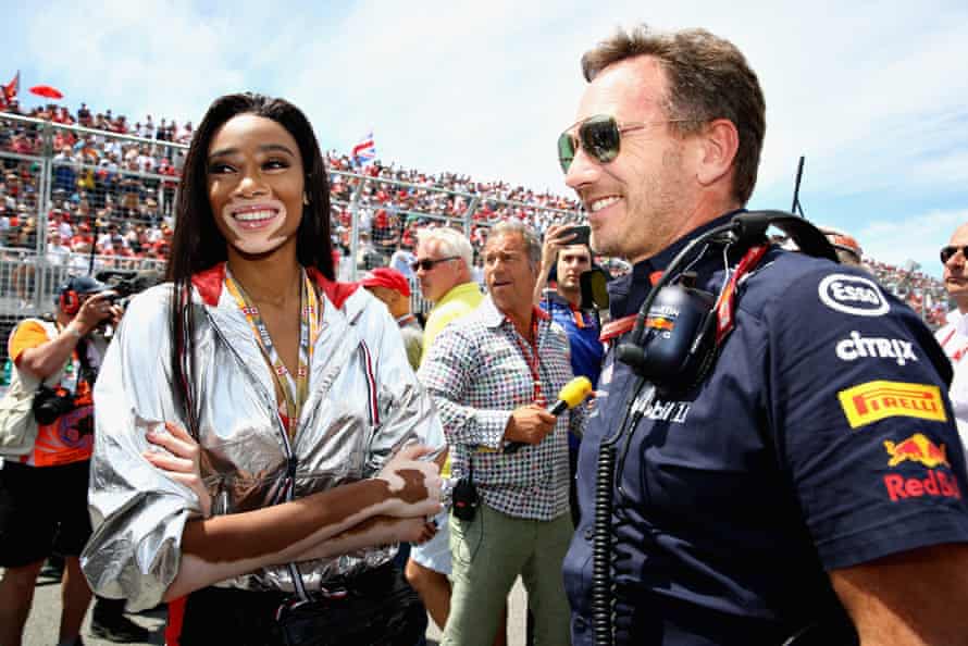 Winnie Harlow chats to Red Bull chief, Christian Horner, before the Canadian Grand Prix but afterwards said she was glad no one got hurt because of her actions.