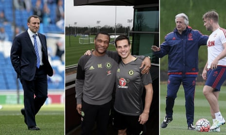 Left to right: Brighton’s Tony Bloom; Chelsea’s César Azpilicueta with technical director Michael Emenalo; Luke Shaw with Manchester United’s chief scout Marcel Bout