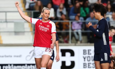 Stina Blackstenius celebrates scoring Arsenal’s third goal against her former club Linköping.