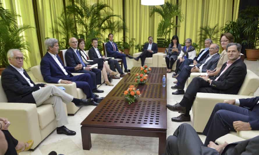 US secretary of state John Kerry, second from left, and US special envoy for the Colombian peace process Bernard Aronson, far left, meet with Colombia’s peace commissioner Sergio Jaramillo, right; head of the Colombia’s government negotiation team Humberto de la Calle, third from right; and other members of the Colombian government team.