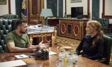 Volodymyr Zelenskiy met Jessica Chastain in Kyiv, Ukraine, in August.