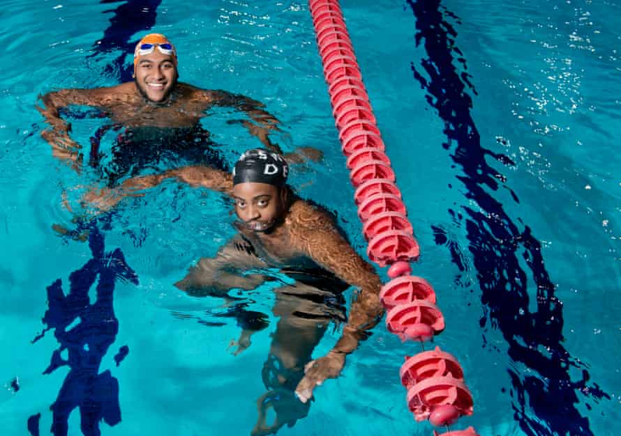 Nathaniel Cole (on left) and Peigh Asante of Swim Dem Crew at London Aquatics Centre in Queen Elizabeth Olympic Park