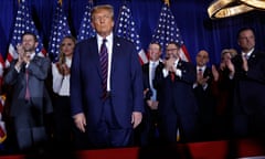 Donald Trump Holds New Hampshire Primary Night Event In Nashua, New Hampshire<br>NASHUA, NEW HAMPSHIRE - JANUARY 23: Republican presidential candidate and former U.S. President Donald Trump (C) takes the stage with supporters, campaign staff and family members for a primary night party at the Sheraton on January 23, 2024 in Nashua, New Hampshire. New Hampshire voters cast their ballots in their state’s primary election today, with former President Donald Trump winning the primary, finishing ahead of former UN Ambassador Nikki Haley. (Photo by Chip Somodevilla/Getty Images)