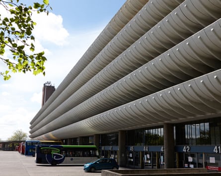 Exterior shot of the brutalist design Preston bus station, in England, UK, on a sunny, blue-sky day.