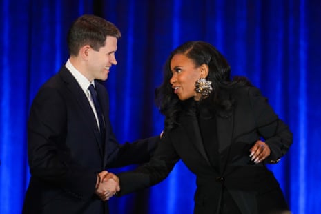 James Talarico, a Texas state representative, and Jasmine Crockett, a Texas congresswoman, at a US Senate Democratic primary debate in January.