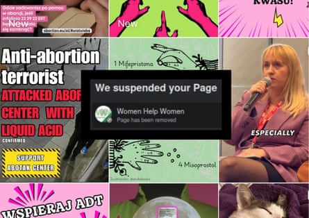 A black box that says ‘We suspended your page’ in the middle of squares of social media content