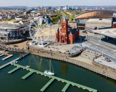 Aerial view of the landmarks of Cardiff Bay