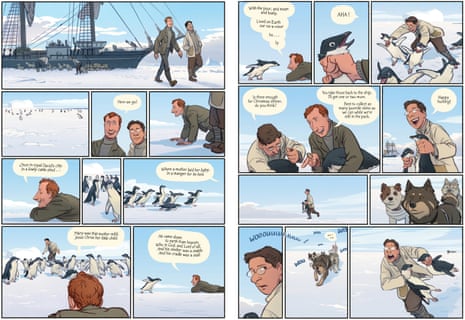 Panels from the graphic novel version of The Worst Journey in the World by Sarah Airriess.