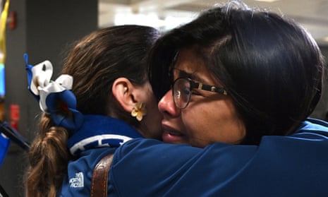 Nicaraguan political prisoners are greeted by family and supporters on arrival at Dulles international airport outside Washington on Thursday.