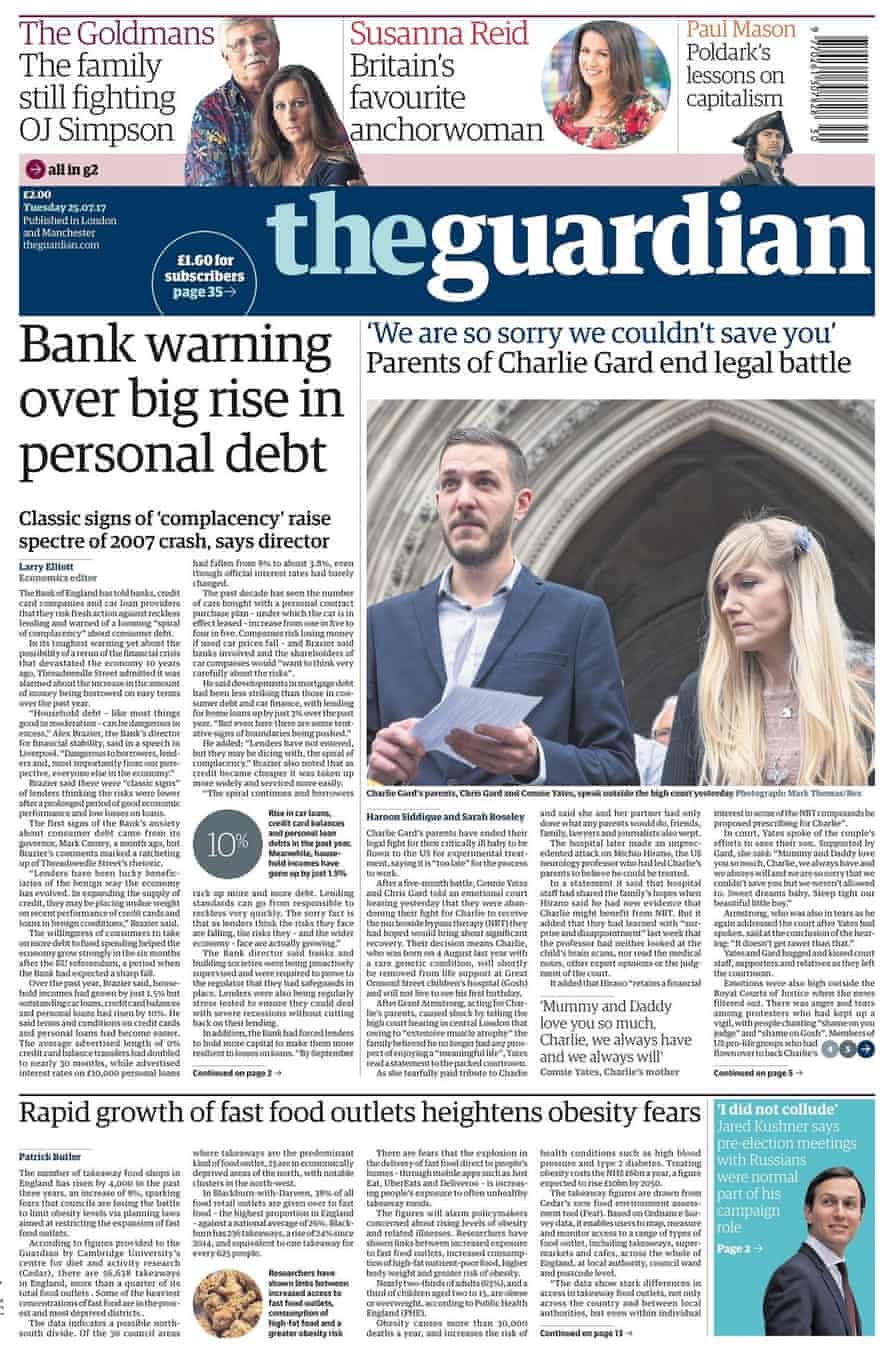 Guardian front page, 25 July 2017