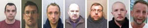 Jailed members of the paedophile gang (left to right) John Denham, Matthew Stansfield, Matthew Lisk, David Harsley, Robin Hollyson, Chris Knight and Adam Toms