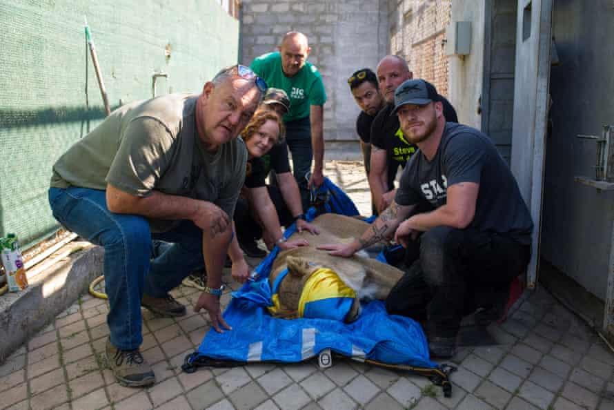 Lionel de Lange, left, with the team of lion rescuers in Odesa.