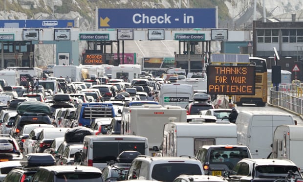 Cars queue at the check-in at the port of Dover in Kent on Saturday.
