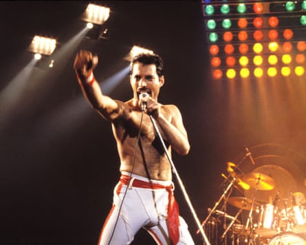 Freddie Mercury of Queen, on stage during a 1982 Tour of various locations in Oakland, California