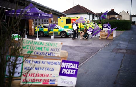 Ambulance workers on the picket line outside Soundwell Ambulance Station in Bristol today.