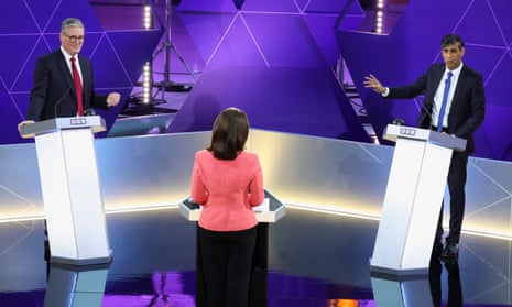 Sir Keir Starmer and Rishi Sunak in the final televised party leaders' debate, chaired by Mishal Husain.