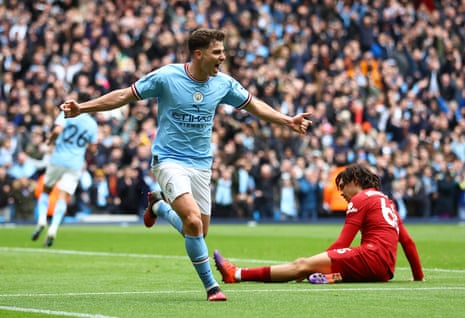 Manchester City’s Julian Alvarez celebrates scoring their equaliser against Liverpool.