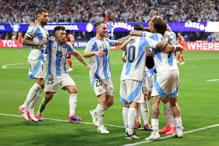Argentina’s Lautaro Martinez celebrates scoring his team’s second goal during Thursday’s Copa América opener at Mercedes-Benz Stadium.