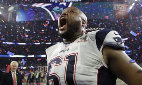 The New England Patriots’ Marcus Cannon celebrates after a thrilling finish to Super Bowl LI