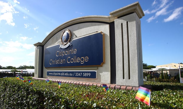 LGBTQI+ flags can be seen in a general view of Citipointe Christian College in Brisbane