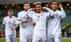 The Republic of Ireland’s Callum Robinson blocks his ears in response to recent criticism when celebrating his second goal