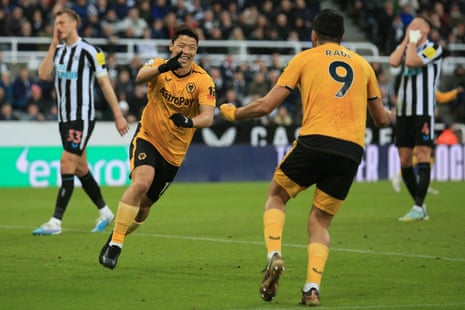 Wolverhampton Wanderers' South Korean striker Hwang Hee-chan celebrates scoring.