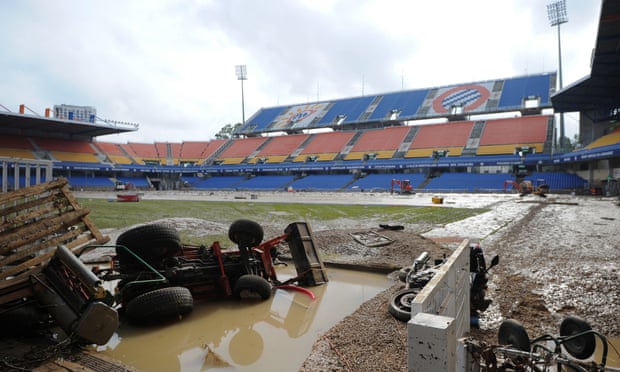 The flooded Mosson stadium in Montpellier,  southern France, in October 2014 after heavy showers led to flash floods