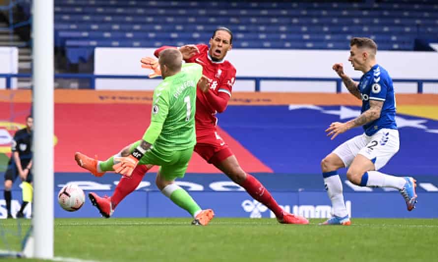 Jordan Pickford’s challenge ends Virgil van Dijk’s season in October.