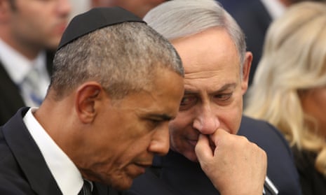 Obama with Benjamin Netanyahu at the funeral of Shimon Peres in September 2016.