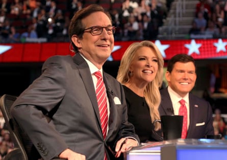 Megyn Kelly with co-moderators Chris Wallace and Bret Baier in Cleveland.