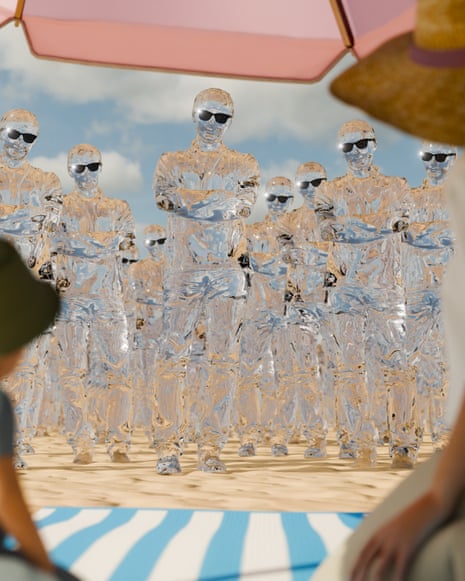 Crowd of transparent figures wearing black sunglasses standing on a beach in front of a mother and child.
