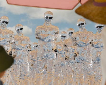 Crowd of transparent figures wearing black sunglasses standing on a beach in front of a mother and child.