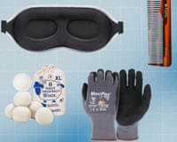 An eye mask, a comb, wool dryer balls, and a pair of gloves
