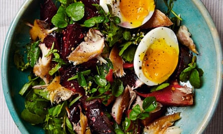 Yotam Ottolenghi’s marinated beetroot with egg and smoked mackerel.